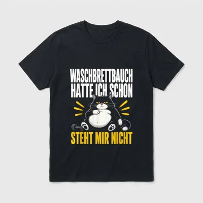 Waschbrettbauch Spruch T-Shirt – Graue fresse Katze mit Dumbbell und Waschbrettbauch Spruch – Klassisches T-Shirt in Schwarz
