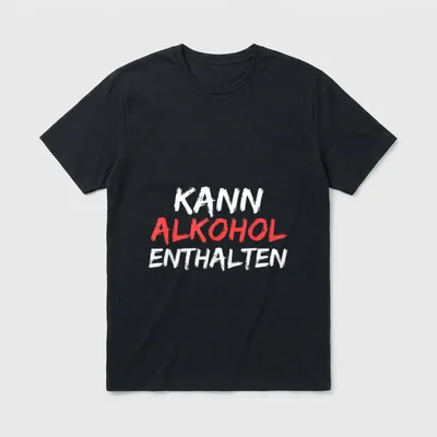 Lustige Sprüche kann Alkohol T-Shirt – Schriftzug „Kann Alkohol enthalten“ in Weiß und Rot – Klassisches T-Shirt in Schwarz