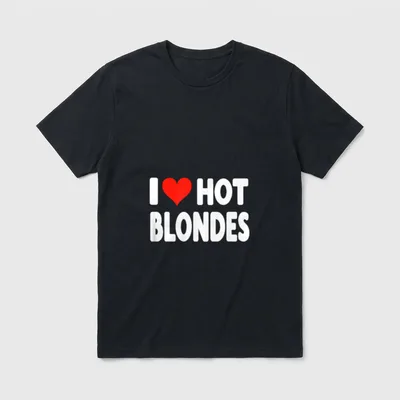 I Love Hot Blondes T-Shirt – Weiße Blockschrift „I HOT BLONDES“ mit rotem Herz – Klassisches T-Shirt in Schwarz