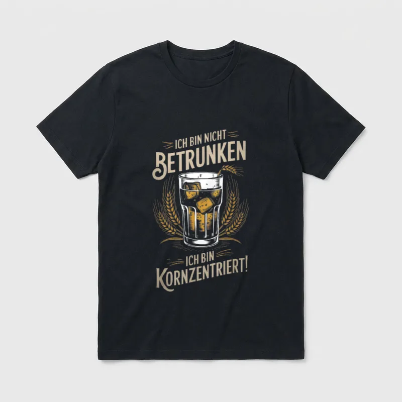 T Lustig Korn Cola T-Shirt – Glas mit Eiswürfeln, Kornähren, Spruch „Kornzentriert“ – Klassisches T-Shirt in Schwarz