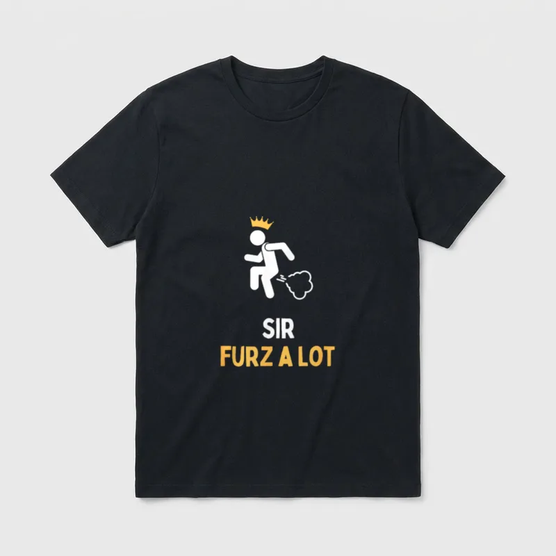 Sir Furz a lot T-Shirt – Figur mit Krone pupst, Schriftzug „Sir Furz a lot“ – Klassisches T-Shirt in Schwarz