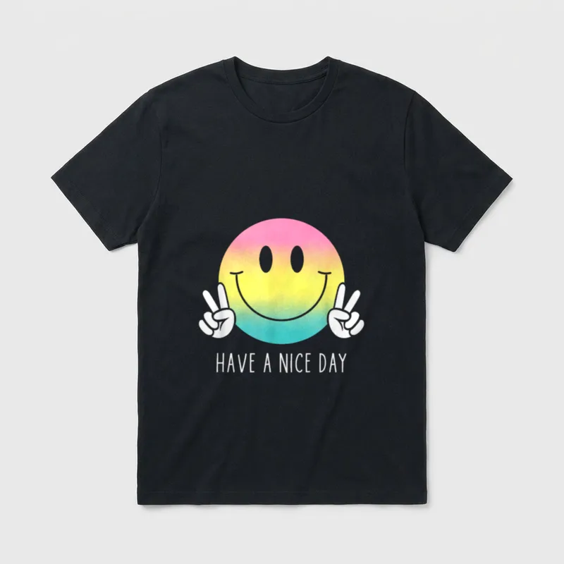 Have A Nice Day T-Shirt – Regenbogen-Smiley mit Peace-Zeichen, Schriftzug Have A Nice Day – Klassisches T-Shirt in Schwarz