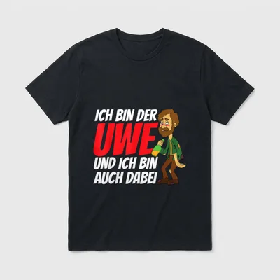 Ich bin der Uwe T-Shirt – Comicfigur mit Flasche, Spruch in Rot und Weiß – Klassisches T-Shirt in Schwarz