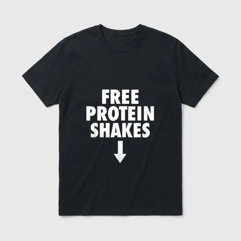 Free Protein Shakes Lustiger T-Shirt – Schriftzug „FREE PROTEIN SHAKES“ mit Pfeil nach unten – Klassisches T-Shirt in Schwarz