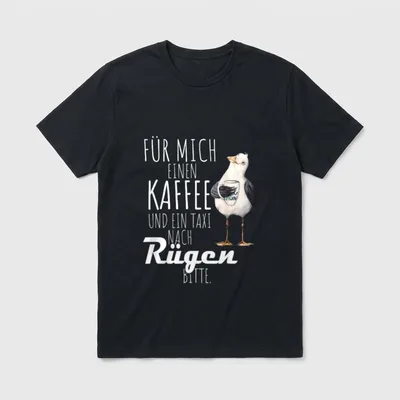 Ostsee Rügen Möwe Meer T-Shirt – Möwe mit Kaffeebecher „MOIN“ und Spruch zu Rügen – Klassisches T-Shirt in Schwarz