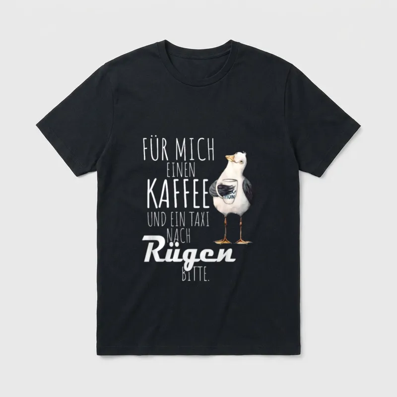 Ostsee Rügen Möwe Meer T-Shirt – Möwe mit Kaffeebecher „MOIN“ und Spruch zu Rügen – Klassisches T-Shirt in Schwarz