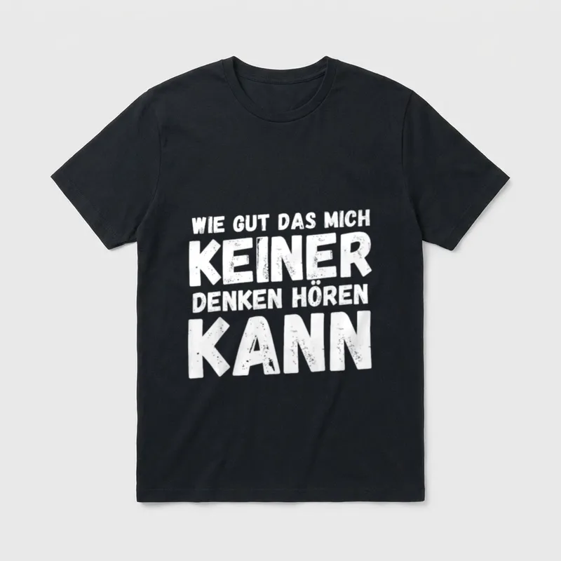 Wie gut das mich T-Shirt – Schriftzug „Wie gut das mich keiner denken hören kann“ in Weiß – Klassisches T-Shirt in Schwarz