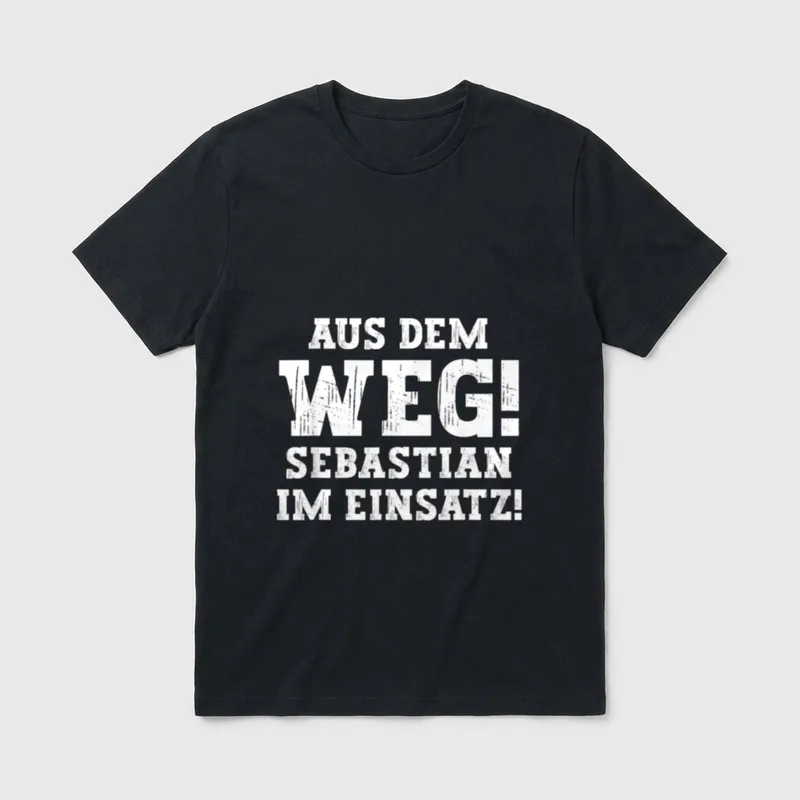 Sebastian Lustiger Spruch T-Shirt – Schriftzug „Aus dem Weg! Sebastian im Einsatz!“ – Klassisches T-Shirt in Schwarz