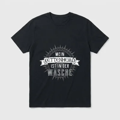Rpg Pen And Paper T-Shirt – Schriftzug „Mein Kettenhemd ist in der Wäsche“ im Wappenkreis – Klassisches T-Shirt in Schwarz