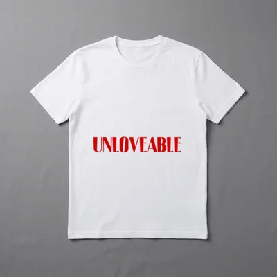 Unloveable Love Broken Heart T-Shirt – Roter Schriftzug „UNLOVEABLE“ auf grauem Shirt – Klassisches T-Shirt in Schwarz