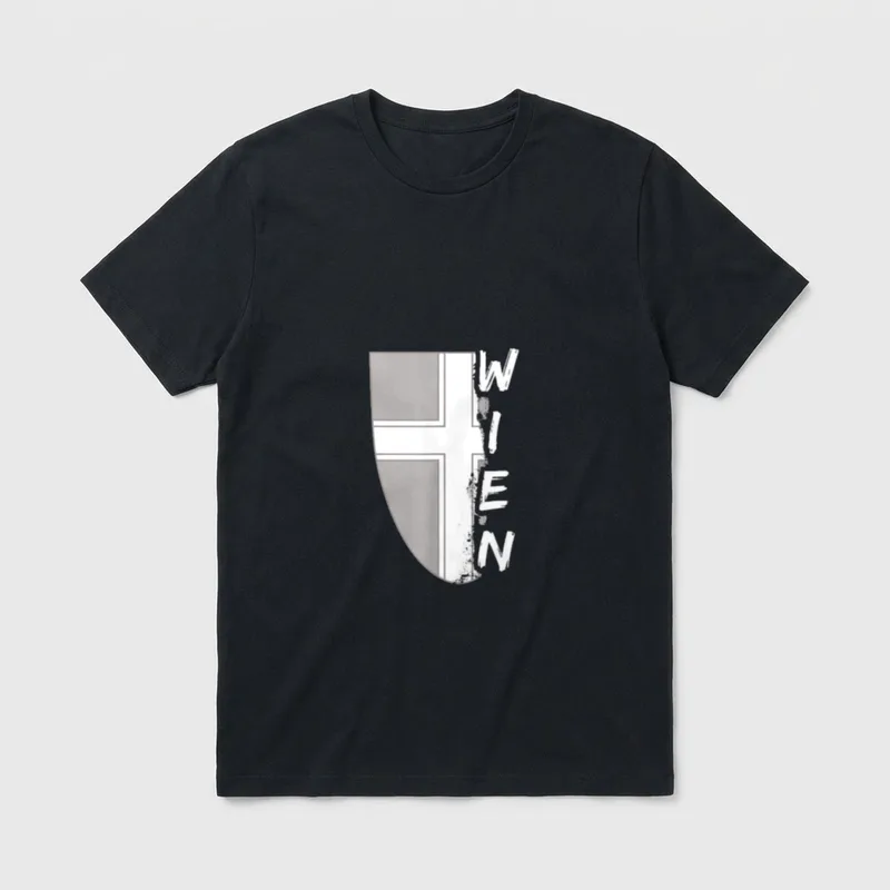 wien fan wien vintage T-Shirt – Schild mit weißem Kreuz, Schriftzug „WIEN“ in Pinselschrift – Klassisches T-Shirt in Schwarz