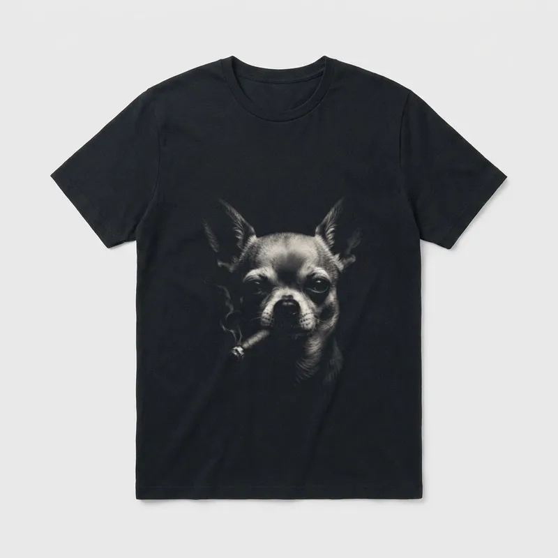 Lustige Chihuahua Smoking Cigar T-Shirt – Chihuahua mit Zigarre im Maul, grimmiger Blick – Klassisches T-Shirt in Schwarz