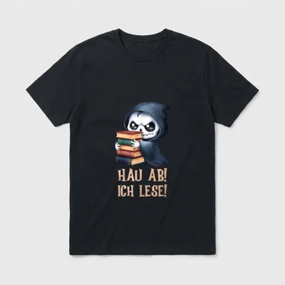 Hau Ab Ich Lese T-Shirt – Sensenmann mit Bücherstapel, Schriftzug „Hau ab! Ich lese!“ – Klassisches T-Shirt in Schwarz