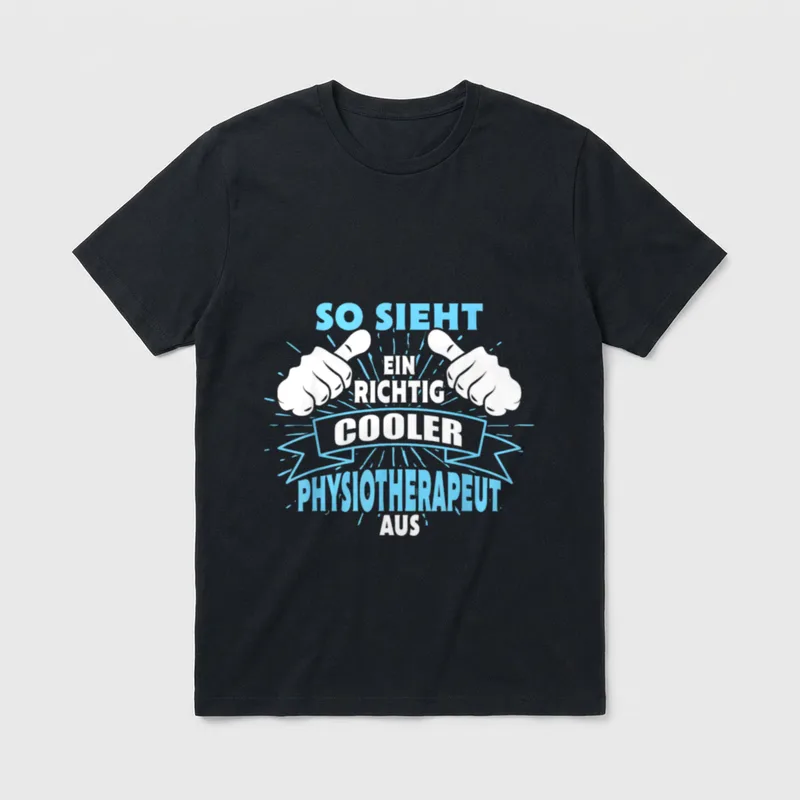 Cooler Physiotherapeut T-Shirt – Blauer Spruch mit zwei weißen Zeigehänden und Banner – Klassisches T-Shirt in Schwarz
