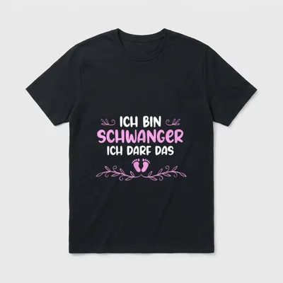 Ich bin Schwanger Ich T-Shirt – Schriftzug „Schwanger“ in Rosa mit Babyfüßen und Blumenranke – Klassisches T-Shirt in Schwarz