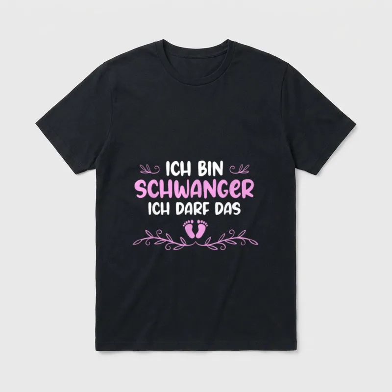 Ich bin Schwanger Ich T-Shirt – Schriftzug „Schwanger“ in Rosa mit Babyfüßen und Blumenranke – Klassisches T-Shirt in Schwarz