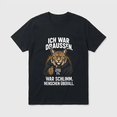 Lustiges Ich War Draußen T-Shirt – Luchs mit Kapuzenjacke hält Tasse „Soziale Batterie 1%“ – Klassisches T-Shirt in Schwarz