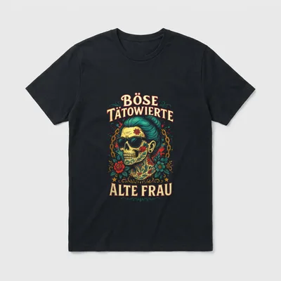 Böse Tätowierte Alte Frau T-Shirt – Totenkopf mit Sonnenbrille, Tattoos und Rosen im Rahmen – Klassisches T-Shirt in Schwarz