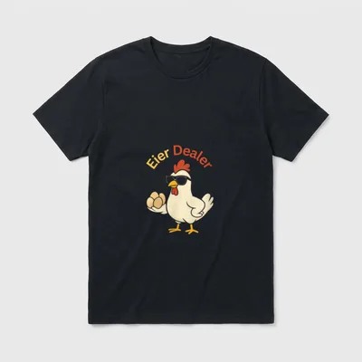 Eier Dealer T-Shirt – Huhn mit Brille hält Eier, Schriftzug Eier Dealer – Klassisches T-Shirt in Schwarz