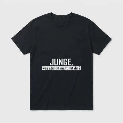 Junge was stimmt T-Shirt – Schriftzug „Junge, was stimmt nicht mit dir?“ in Schwarz-Weiß – Klassisches T-Shirt in Schwarz