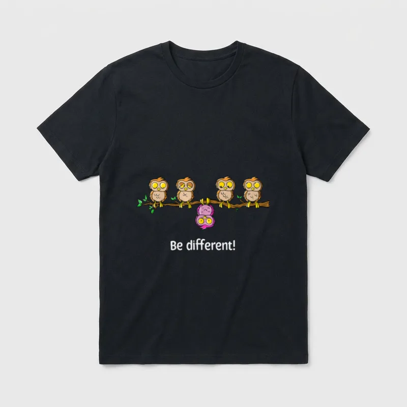 T-Shirt Tiere – Vier braune Eulen und eine pinke Eule, Schriftzug „Be different!“ – Klassisches T-Shirt in Schwarz