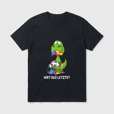 Lustiger Drachen Wie T-Shirt – Grüner Drache mit Einhornresten und Spruch „Wie? Das Letzte?“ – Klassisches T-Shirt in Schwarz