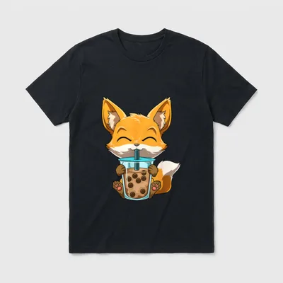 Kawaii Bubble Tea Fuchs T-Shirt – Kawaii-Fuchs trinkt Bubble Tea mit Strohhalm, Kawaii-Stil – Klassisches T-Shirt in Schwarz
