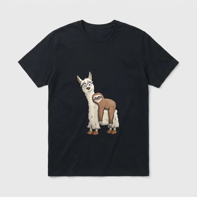 T-Shirt Damen Tiere – Gezeichnetes Lama mit Faultier huckepack auf dem Rücken – Klassisches T-Shirt in Schwarz