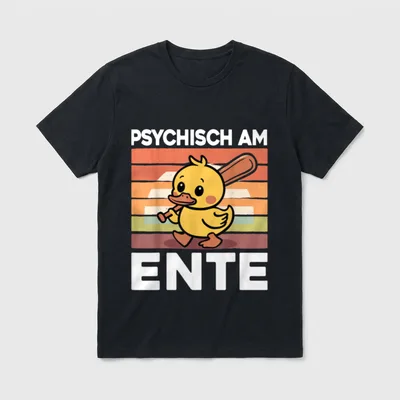 Psychisch Am Ente Lustig T-Shirt – Kleine Ente mit Baseballschläger vor Retro-Streifen – Klassisches T-Shirt in Schwarz