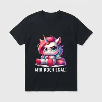 Mir Doch Egal Einhorn T-Shirt – Schmollendes Einhorn mit Schriftzug „Mir doch egal!“ – Klassisches T-Shirt in Schwarz