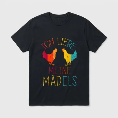 Lustiges Huhn Ich liebe T-Shirt – Zwei bunte Hühner, Schriftzug „Ich liebe meine Mädels“ – Klassisches T-Shirt in Schwarz
