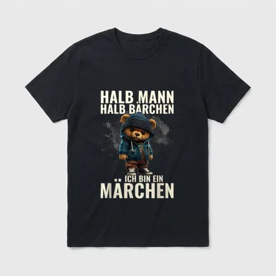 Bär halb Mensch halb T-Shirt – Teddy im Hoodie mit Spruch „Halb Mann Halb Bärchen“ – Klassisches T-Shirt in Schwarz