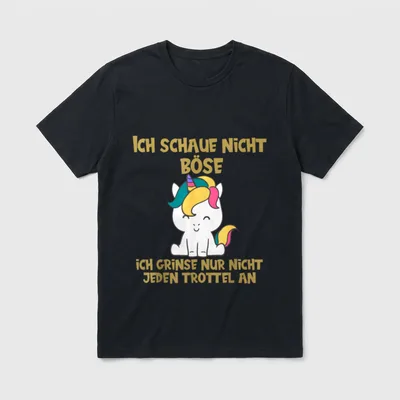 Ich schaue Nicht böse T-Shirt – Einhorn mit Spruch: Ich schaue nicht böse, ich grinse nur – Klassisches T-Shirt in Schwarz