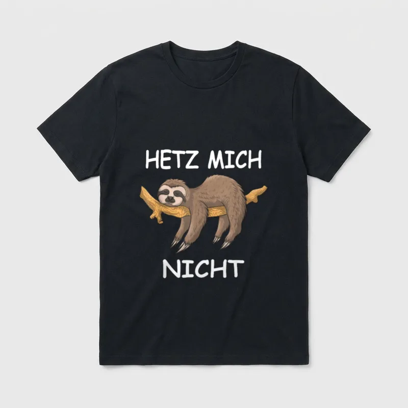 Faultier Spruch Design Hetz T-Shirt – Faultier am Ast mit Schriftzug „Hetz mich nicht“ – Klassisches T-Shirt in Schwarz