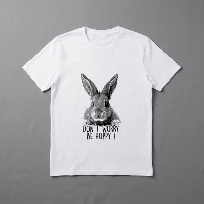Süßer lustiger Hase Hasen T-Shirt – Gezeichneter Hase mit Spruch „Don't worry be hoppy!“ – Klassisches T-Shirt in Schwarz
