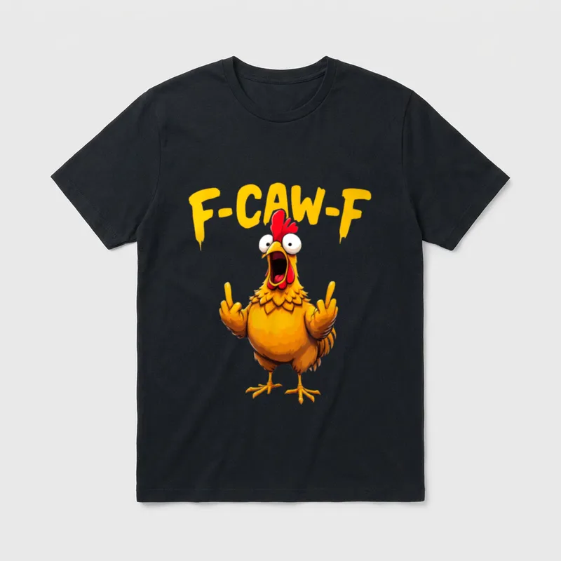 F-Caw-F Lustiges Huhn FCAWF T-Shirt – Gelber Hahn mit Stinkefingern, Schriftzug F-CAW-F – Klassisches T-Shirt in Schwarz