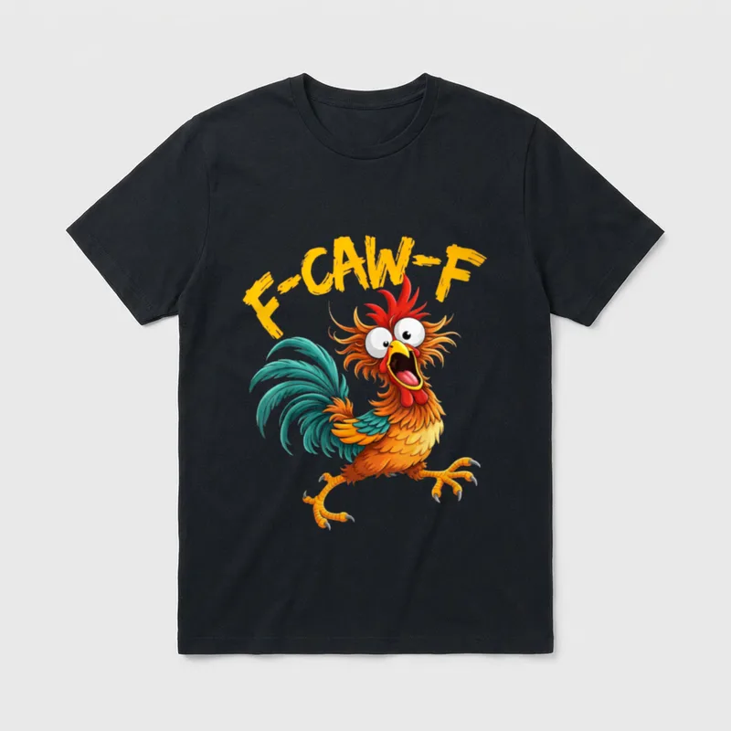 F-Caw-F Huhn lustiger Hahn T-Shirt – Schreiender Cartoon-Hahn mit Schriftzug F-CAW-F – Klassisches T-Shirt in Schwarz
