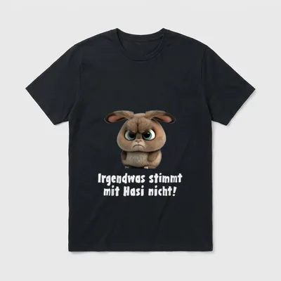 Hasi Spruch Lustig I T-Shirt – Grimmiges Kaninchen, Text „Irgendwas stimmt mit Hasi nicht!“ – Klassisches T-Shirt in Schwarz