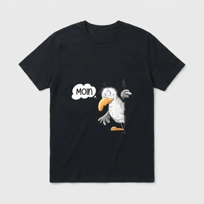Witzige Möwe Cartoon I T-Shirt – Cartoon-Möwe an Pfahl mit Sprechblase „Moin“ – Klassisches T-Shirt in Schwarz