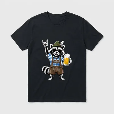 Lustiger Waschbär Lederhose Bier T-Shirt – Raccoon in Lederhose mit Bier und Tirolerhut – Klassisches T-Shirt in Schwarz