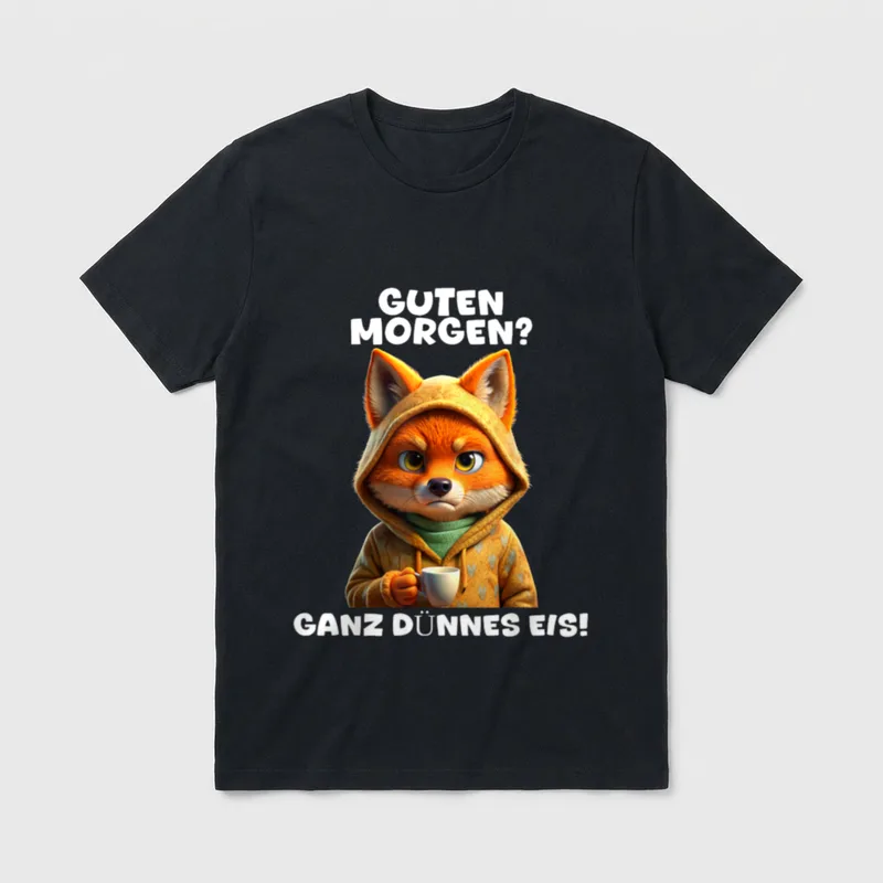 Ganz dünnes Eis T-Shirt – Müder Fuchs in Kapuzenjacke mit Kaffee und Text Ganz dünnes Eis – Klassisches T-Shirt in Schwarz