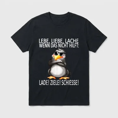lebe liebe lache lustiges T-Shirt – Pinguin mit Sonnenbrille, Spruch „Lebe, liebe, lache“ – Klassisches T-Shirt in Schwarz