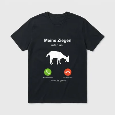 Meine Ziegen Rufen T-Shirt – Grasende Ziege auf Anrufbildschirm mit Annehmen/Ablehnen – Klassisches T-Shirt in Schwarz
