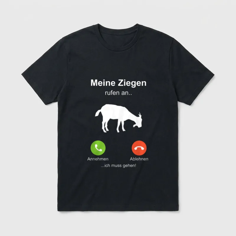 Meine Ziegen Rufen T-Shirt – Grasende Ziege auf Anrufbildschirm mit Annehmen/Ablehnen – Klassisches T-Shirt in Schwarz