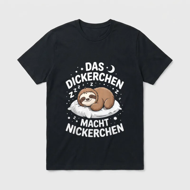 Das Dickerchen Macht Nickerchen T-Shirt – Schlafendes Faultier auf Kissen mit Mond und Zzz – Klassisches T-Shirt in Schwarz