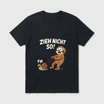 Faultier Spruch T-Shirt – Comic-Motiv Faultier zieht an Schnecke mit Text ZIEH NICHT SO! – Klassisches T-Shirt in Schwarz