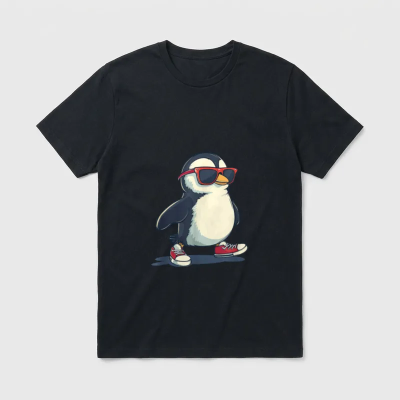 Lustiger Pinguin mit coolen T-Shirt – Pinguin mit roter Sonnenbrille und roten Sneakern – Klassisches T-Shirt in Schwarz