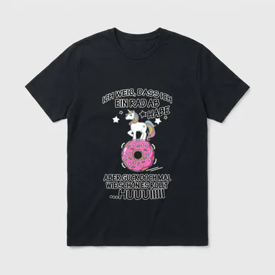 Einhorn Ich weiß T-Shirt – Einhorn auf Donut, Spruch über ein fehlendes Rad – Klassisches T-Shirt in Schwarz
