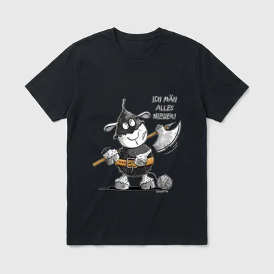 Schaf Wortspiel I Spruch T-Shirt – Vermummtes Schaf mit Axt, Spruch „Ich mäh alles nieder!“ – Klassisches T-Shirt in Schwarz