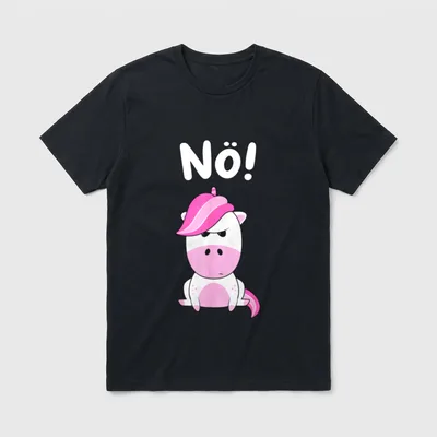 Nö Statement Sprüche Einhorn T-Shirt – Grimmiges rosa-weißes Einhorn mit Schriftzug „Nö!“ – Klassisches T-Shirt in Schwarz